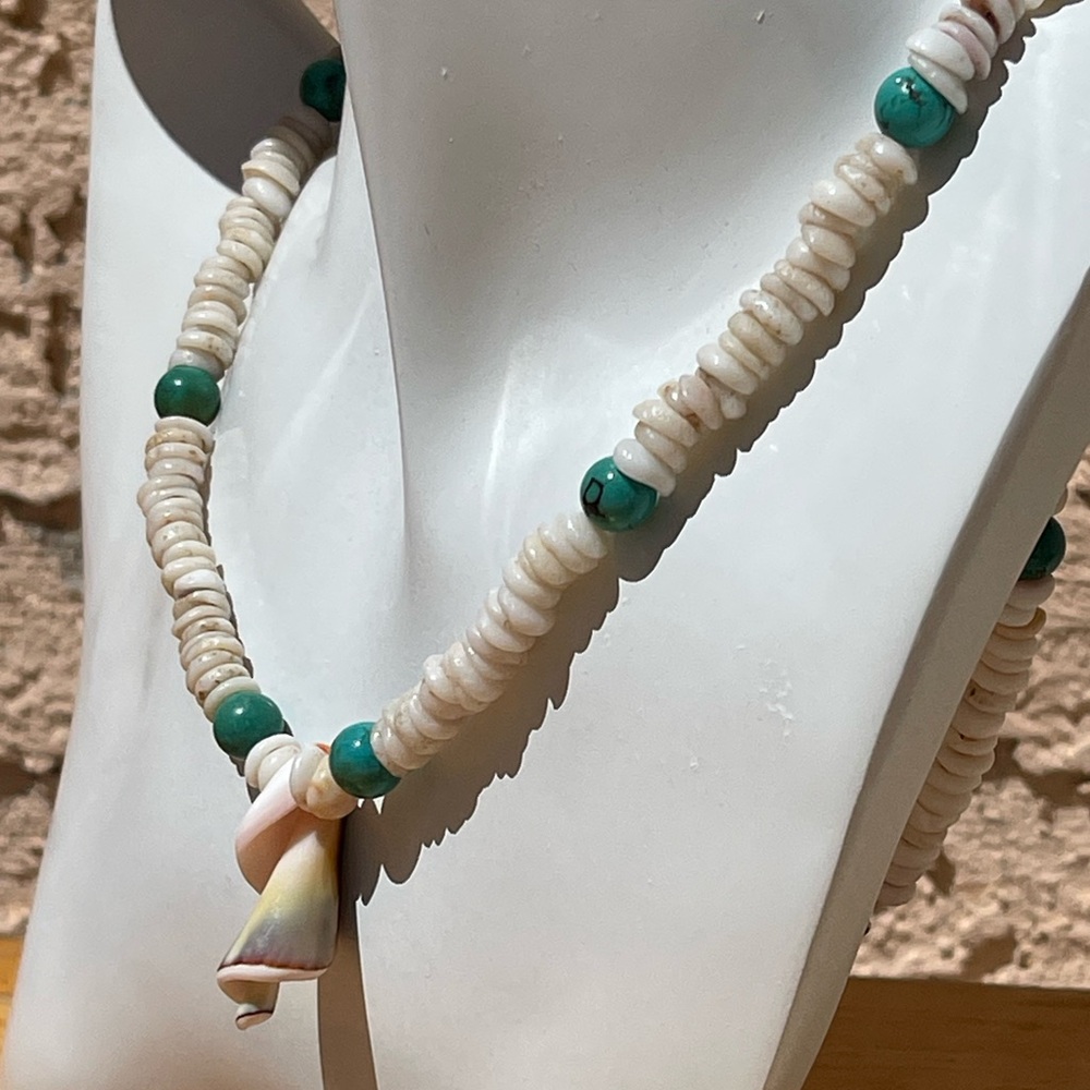 Puka Shells & Turquoise Colored Glass Bead Necklace